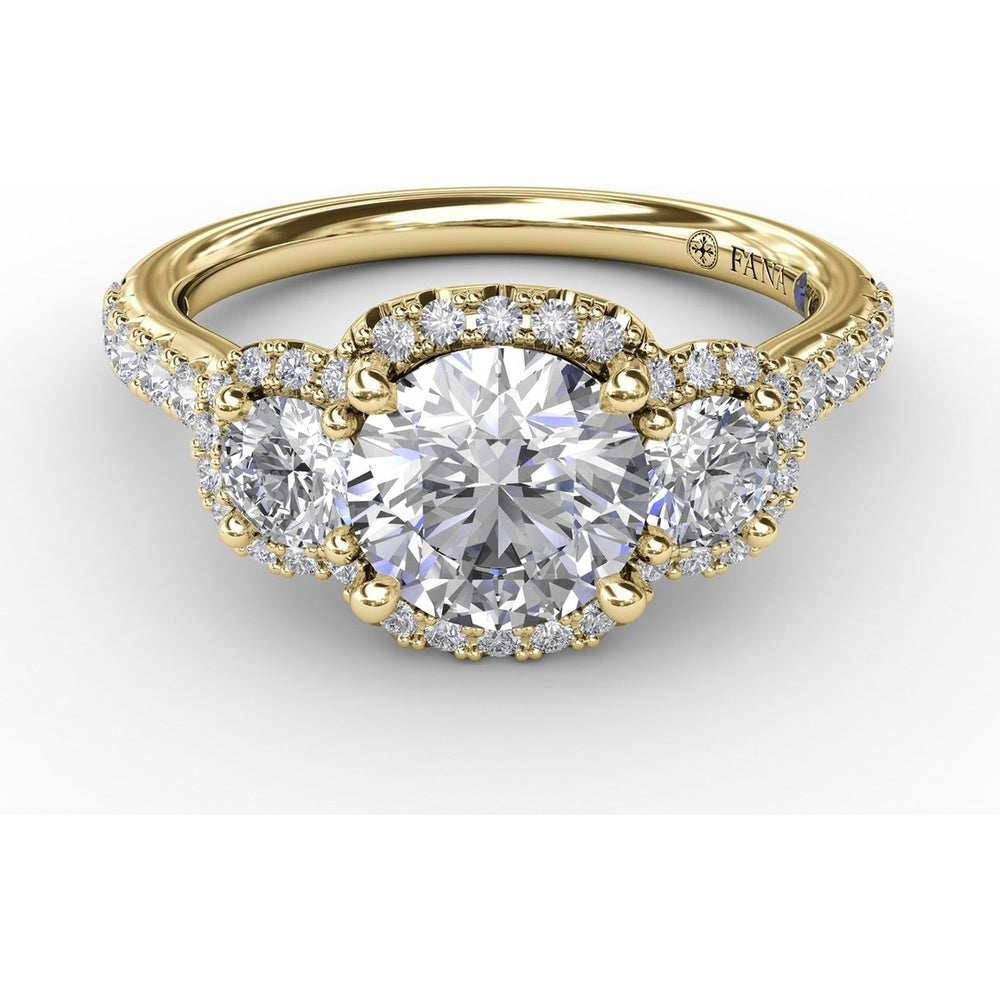 Three-Stone Round Diamond Halo Engagement Ring Setting with Pavé Band - 0.78 Carat Total Side Stone Weight by Fana