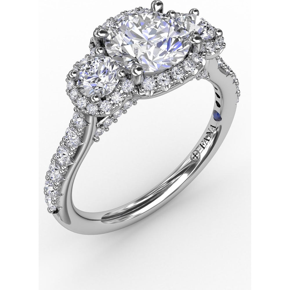 Three-Stone Round Diamond Halo Engagement Ring Setting with Pavé Band - 0.78 Carat Total Side Stone Weight by Fana