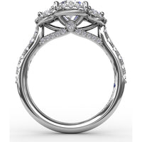 Three-Stone Round Diamond Halo Engagement Ring Setting with Pavé Band - 0.78 Carat Total Side Stone Weight by Fana