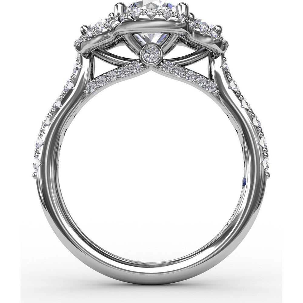 Three-Stone Round Diamond Halo Engagement Ring Setting with Pavé Band - 0.78 Carat Total Side Stone Weight by Fana