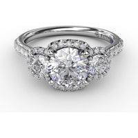 Three-Stone Round Diamond Halo Engagement Ring Setting with Pavé Band - 0.78 Carat Total Side Stone Weight by Fana