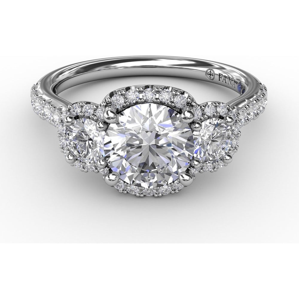 Three-Stone Round Diamond Halo Engagement Ring Setting with Pavé Band - 0.78 Carat Total Side Stone Weight by Fana