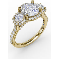 Three-Stone Round Diamond Halo Engagement Ring Setting with Pavé Band - 0.94 Carat Total Weight by Fana
