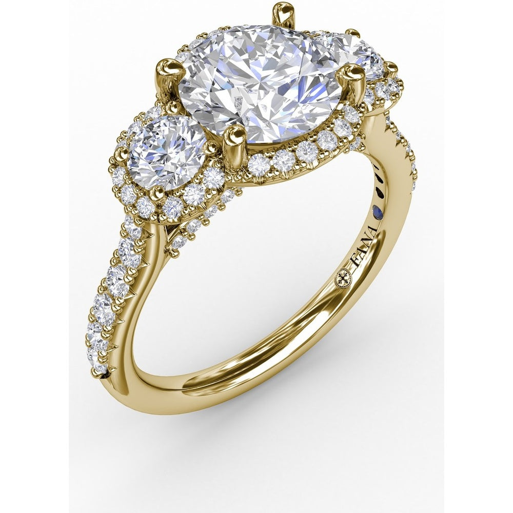Three-Stone Round Diamond Halo Engagement Ring Setting with Pavé Band - 0.94 Carat Total Weight by Fana