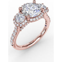 Three-Stone Round Diamond Halo Engagement Ring Setting with Pavé Band - 0.94 Carat Total Weight by Fana