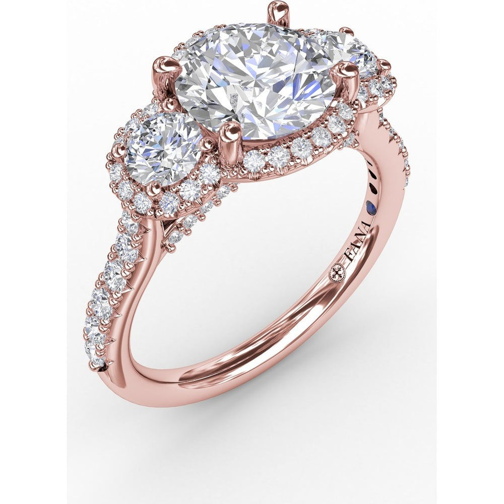 Three-Stone Round Diamond Halo Engagement Ring Setting with Pavé Band - 0.94 Carat Total Weight by Fana