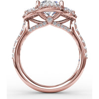Three-Stone Round Diamond Halo Engagement Ring Setting with Pavé Band - 0.94 Carat Total Weight by Fana
