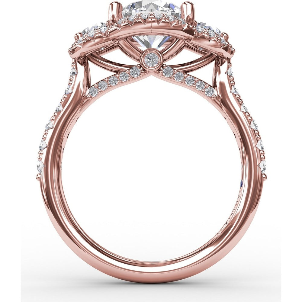Three-Stone Round Diamond Halo Engagement Ring Setting with Pavé Band - 0.94 Carat Total Weight by Fana