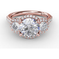 Three-Stone Round Diamond Halo Engagement Ring Setting with Pavé Band - 0.94 Carat Total Weight by Fana