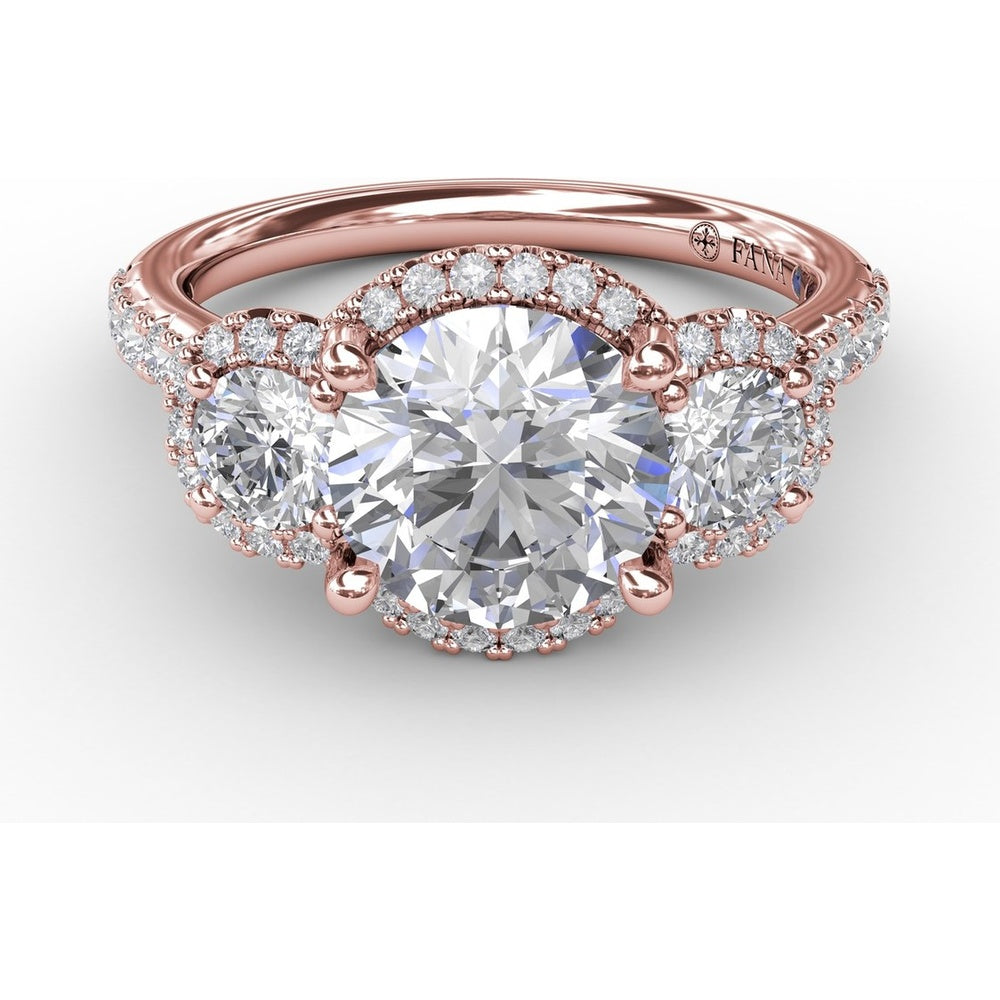 Three-Stone Round Diamond Halo Engagement Ring Setting with Pavé Band - 0.94 Carat Total Weight by Fana