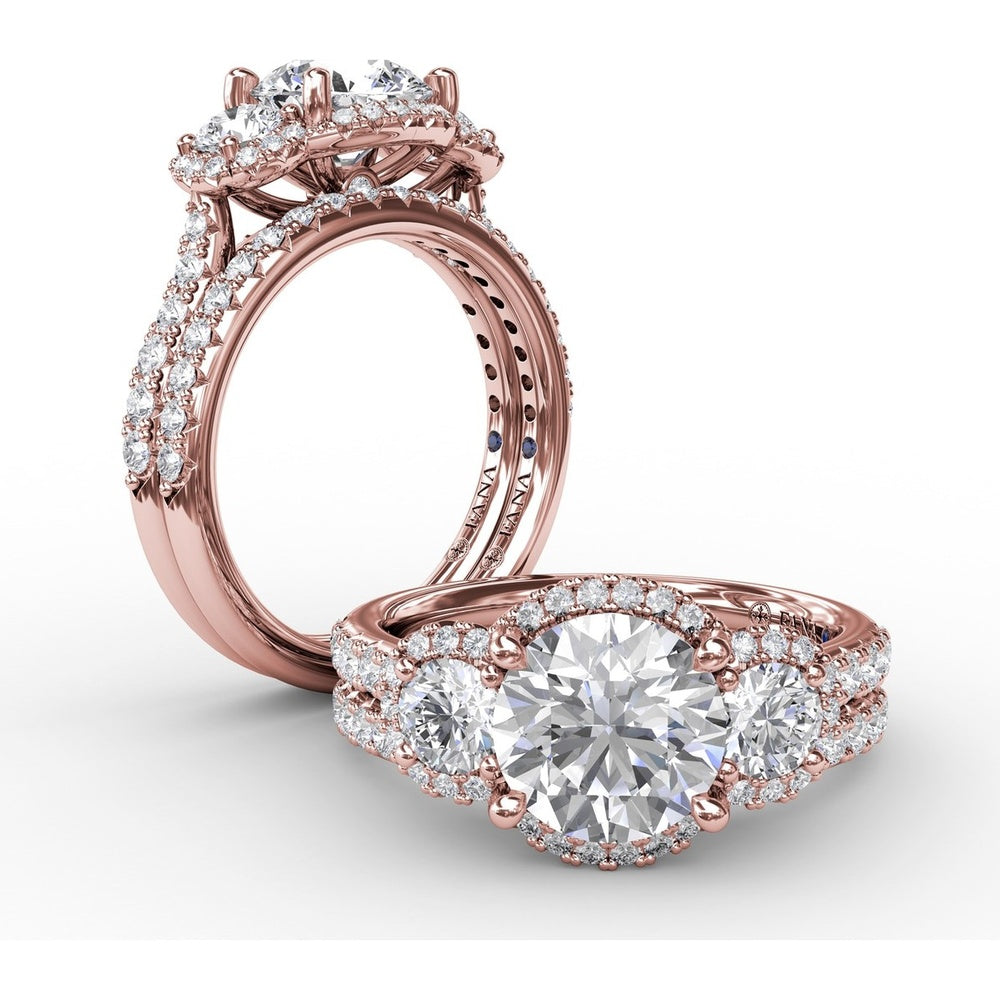 Three-Stone Round Diamond Halo Engagement Ring Setting with Pavé Band - 0.94 Carat Total Weight by Fana