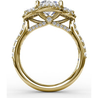 Three-Stone Round Diamond Halo Engagement Ring Setting with Pavé Band - 0.94 Carat Total Weight by Fana