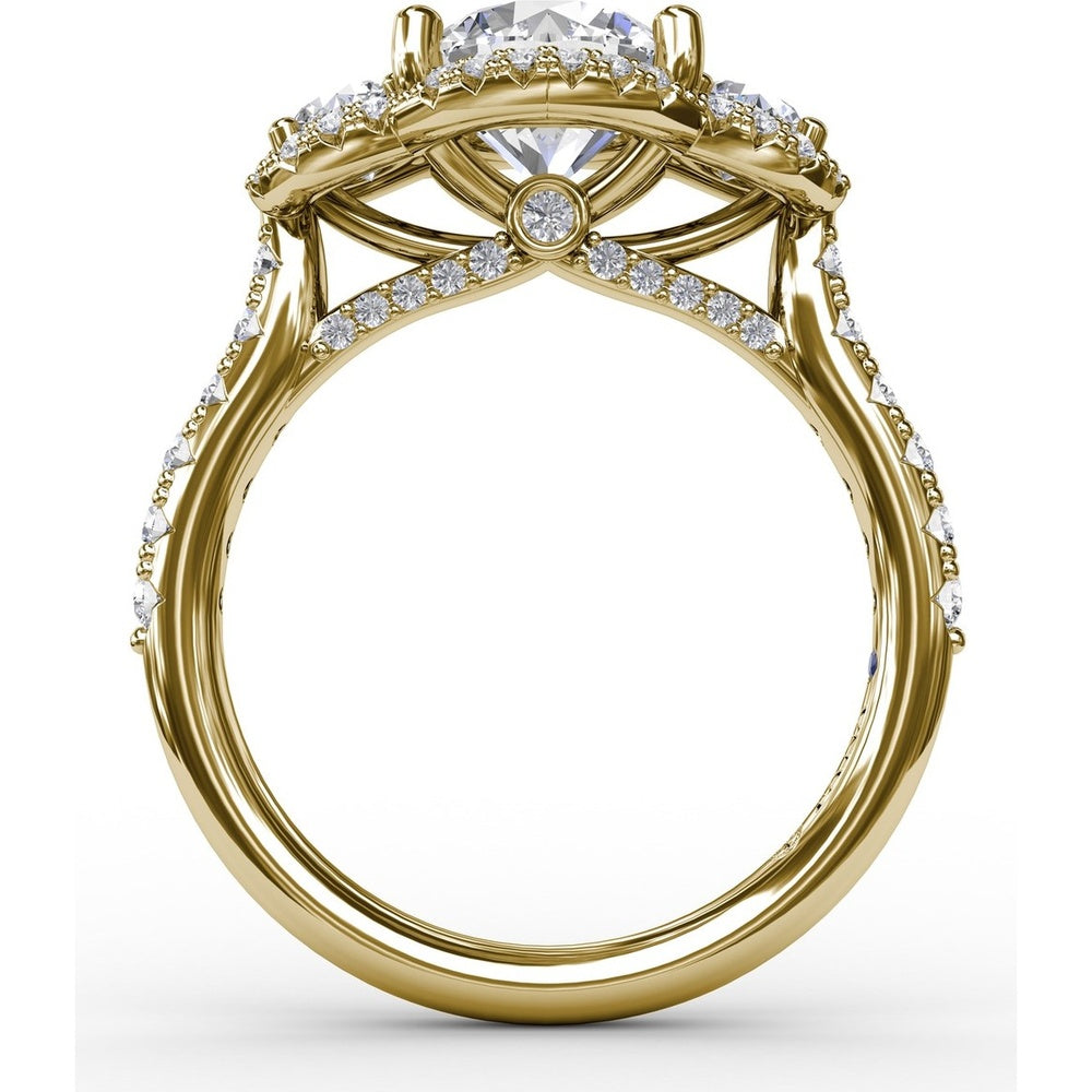Three-Stone Round Diamond Halo Engagement Ring Setting with Pavé Band - 0.94 Carat Total Weight by Fana