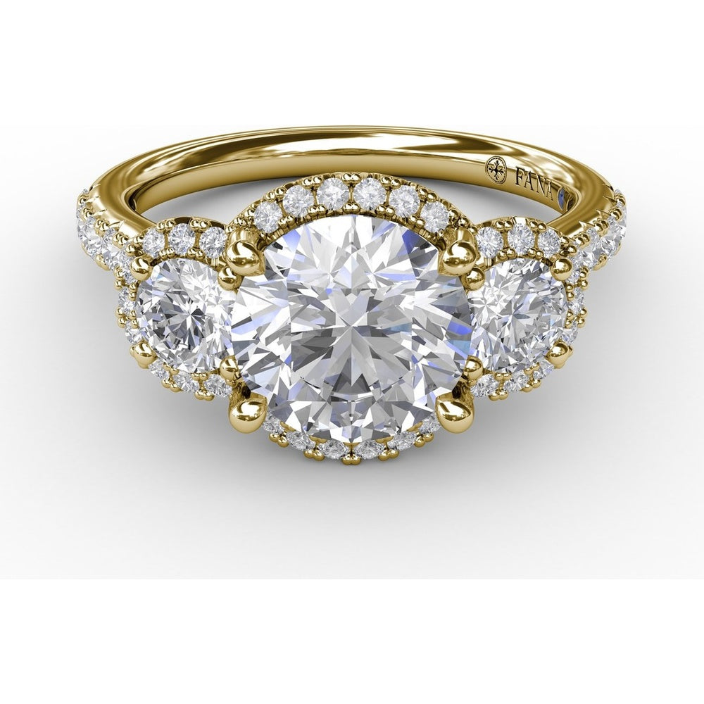 Three-Stone Round Diamond Halo Engagement Ring Setting with Pavé Band - 0.94 Carat Total Weight by Fana