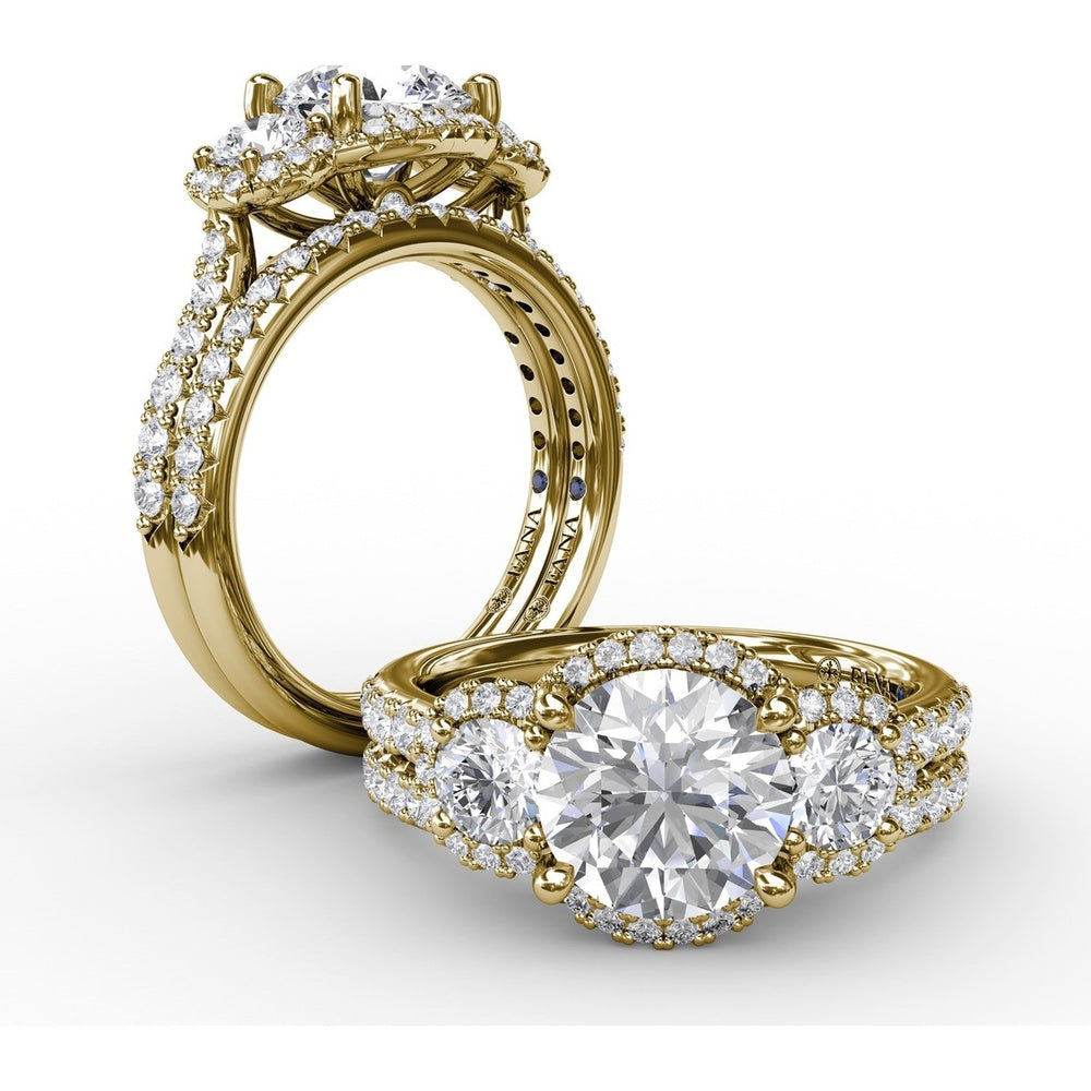 Three-Stone Round Diamond Halo Engagement Ring Setting with Pavé Band - 0.94 Carat Total Weight by Fana