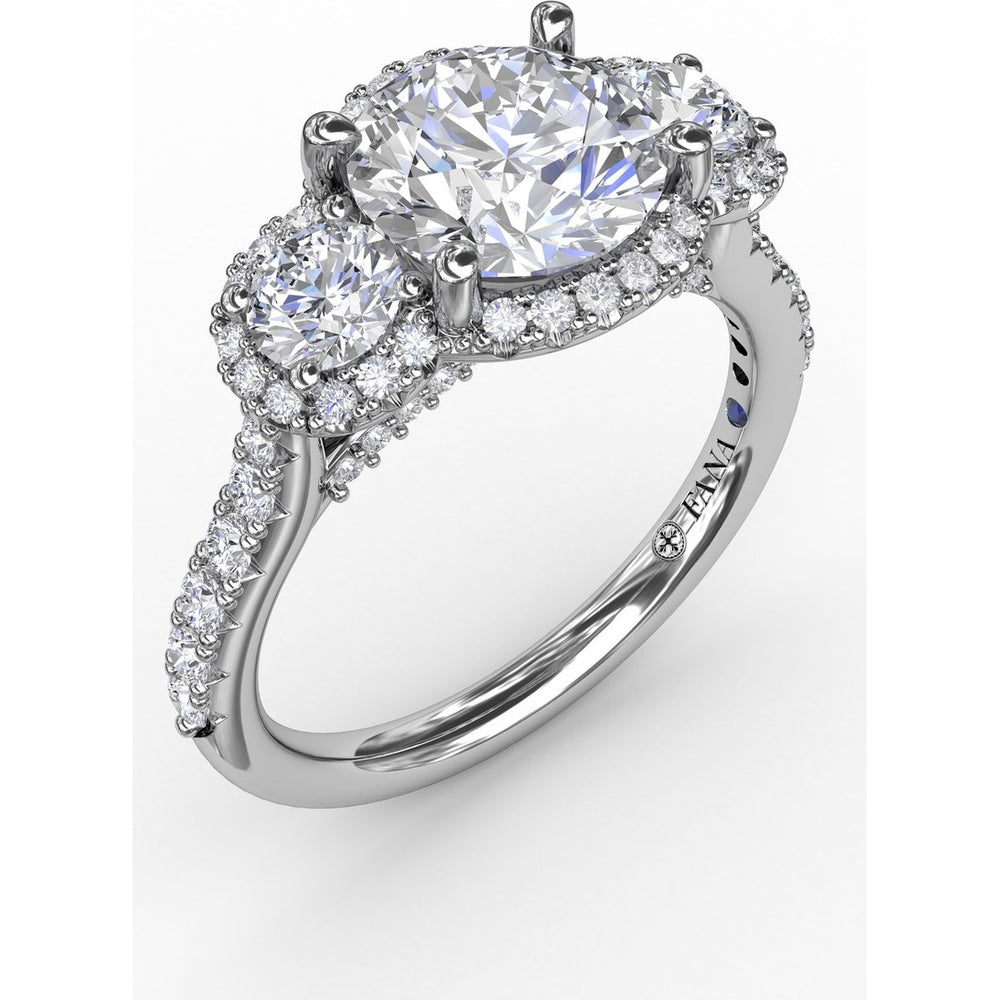 Three-Stone Round Diamond Halo Engagement Ring Setting with Pavé Band - 0.94 Carat Total Weight by Fana