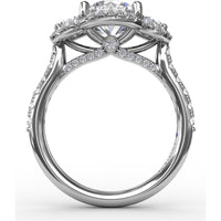 Three-Stone Round Diamond Halo Engagement Ring Setting with Pavé Band - 0.94 Carat Total Weight by Fana