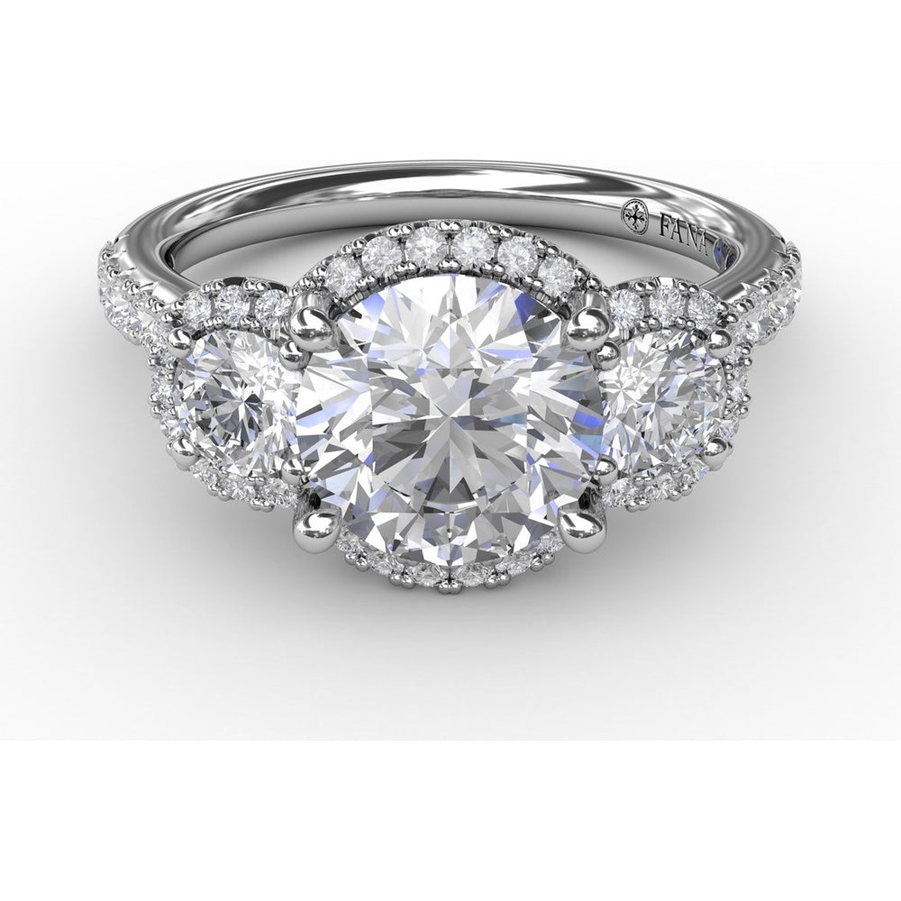 Three-Stone Round Diamond Halo Engagement Ring Setting with Pavé Band - 0.94 Carat Total Weight by Fana
