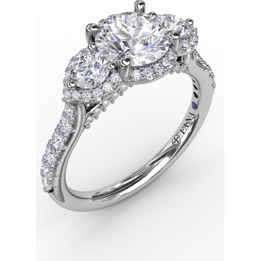 Three-Stone Round Diamond Halo Engagement Ring Setting with Pavé Band by Fana - 0.77 Carat Total Diamond Weight