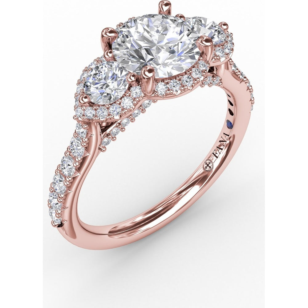 Three-Stone Round Diamond Halo Engagement Ring Setting with Pavé Band by Fana - 0.77 Carat Total Diamond Weight