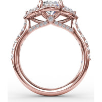 Three-Stone Round Diamond Halo Engagement Ring Setting with Pavé Band by Fana - 0.77 Carat Total Diamond Weight