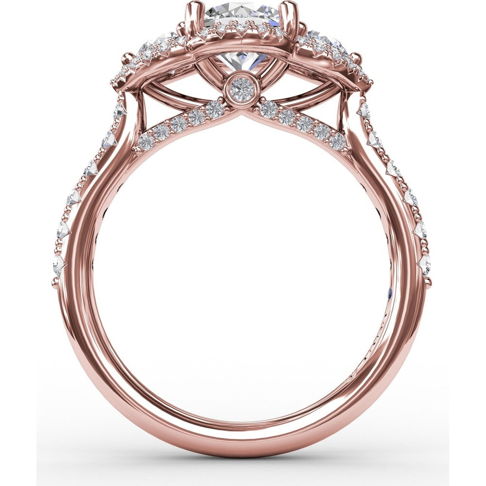 Three-Stone Round Diamond Halo Engagement Ring Setting with Pavé Band by Fana - 0.77 Carat Total Diamond Weight