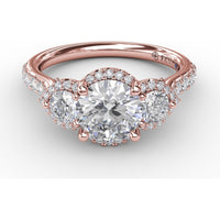 Three-Stone Round Diamond Halo Engagement Ring Setting with Pavé Band by Fana - 0.77 Carat Total Diamond Weight