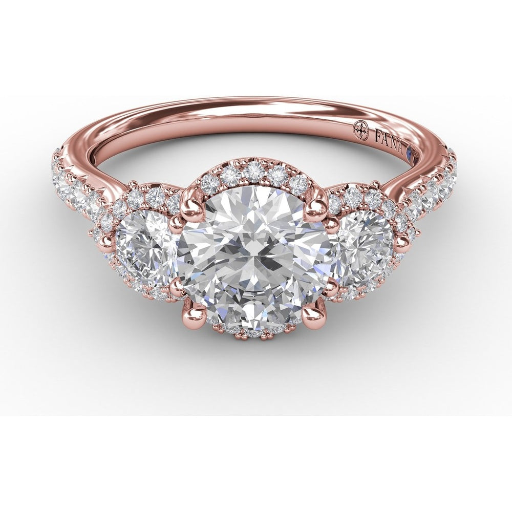 Three-Stone Round Diamond Halo Engagement Ring Setting with Pavé Band by Fana - 0.77 Carat Total Diamond Weight