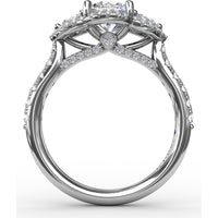 Three-Stone Round Diamond Halo Engagement Ring Setting with Pavé Band by Fana - 0.77 Carat Total Diamond Weight