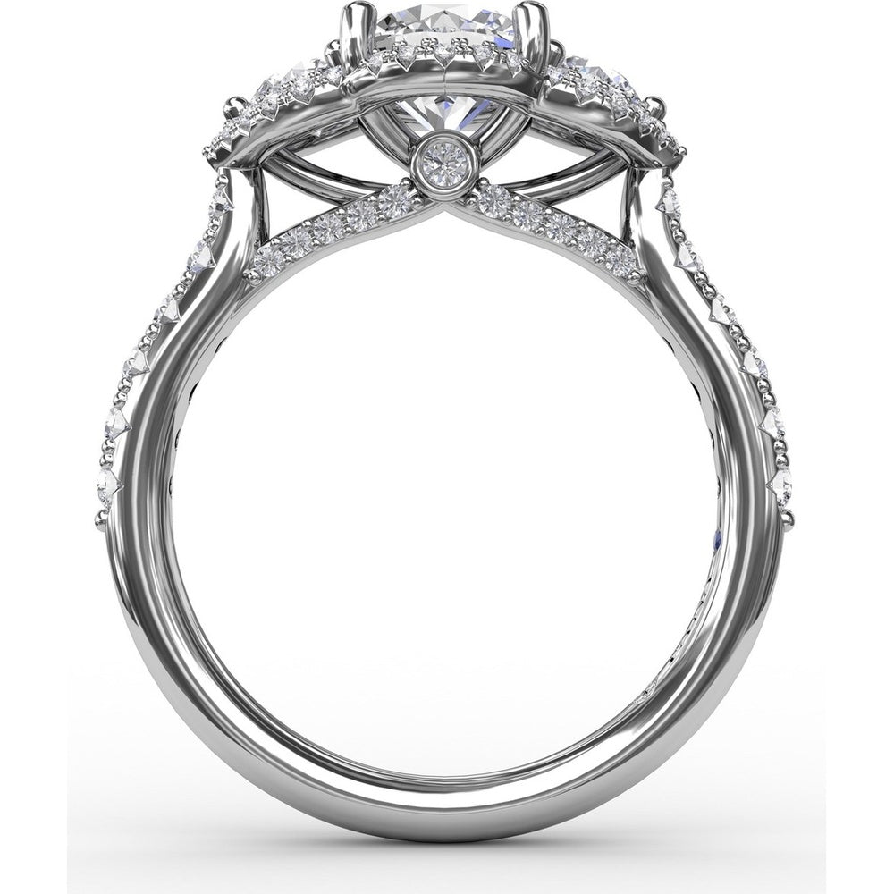 Three-Stone Round Diamond Halo Engagement Ring Setting with Pavé Band by Fana - 0.77 Carat Total Diamond Weight