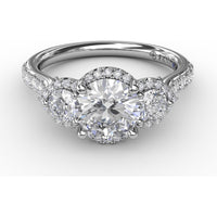 Three-Stone Round Diamond Halo Engagement Ring Setting with Pavé Band by Fana - 0.77 Carat Total Diamond Weight