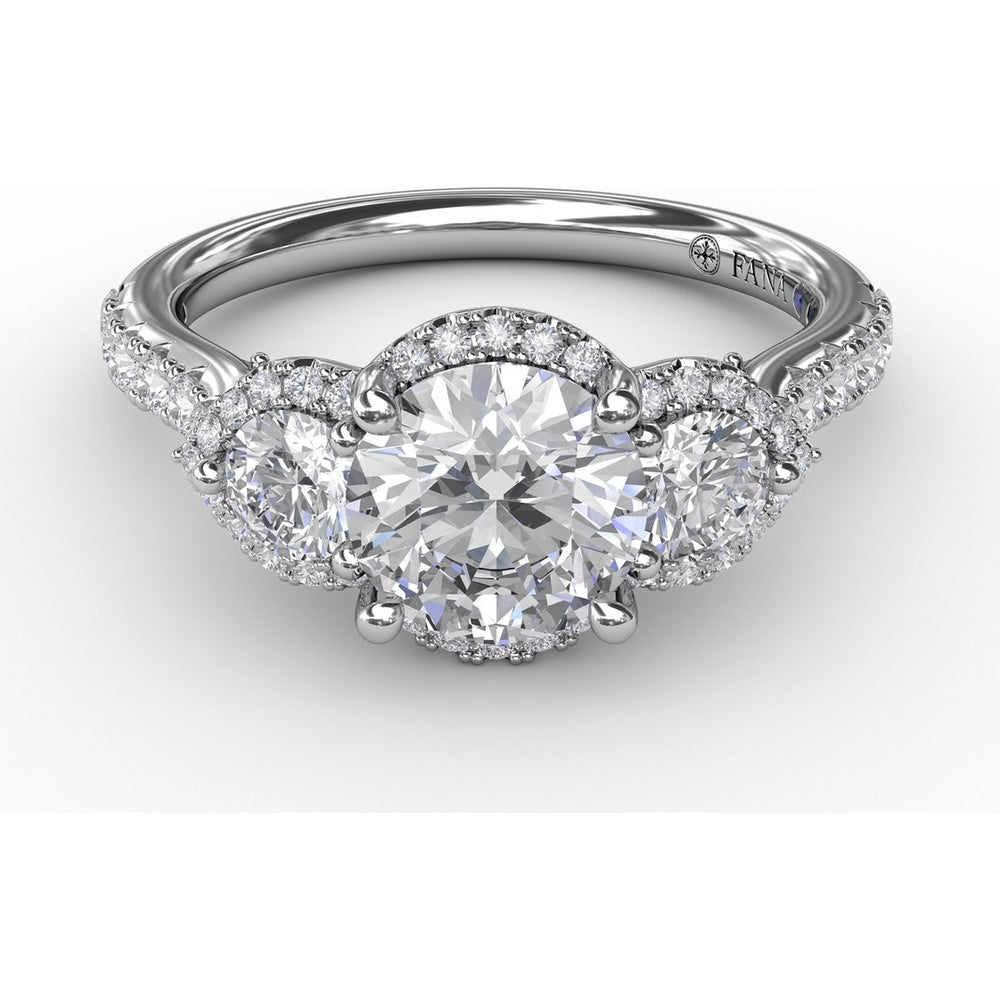 Three-Stone Round Diamond Halo Engagement Ring Setting with Pavé Band by Fana - 0.77 Carat Total Diamond Weight