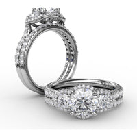 Three-Stone Round Diamond Halo Engagement Ring Setting with Pavé Band by Fana - 0.77 Carat Total Diamond Weight