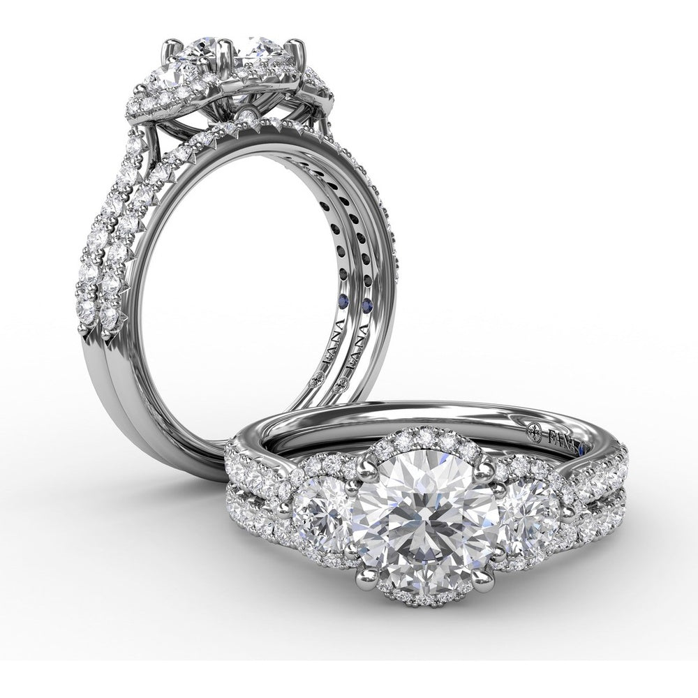 Three-Stone Round Diamond Halo Engagement Ring Setting with Pavé Band by Fana - 0.77 Carat Total Diamond Weight