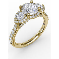 Three-Stone Round Diamond Halo Engagement Ring Setting with Pavé Band by Fana - 0.77 Carat Total Diamond Weight