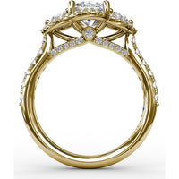 Three-Stone Round Diamond Halo Engagement Ring Setting with Pavé Band by Fana - 0.77 Carat Total Diamond Weight