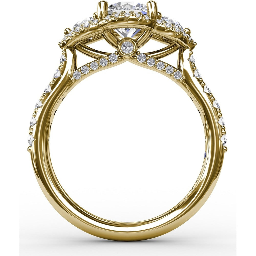 Three-Stone Round Diamond Halo Engagement Ring Setting with Pavé Band by Fana - 0.77 Carat Total Diamond Weight