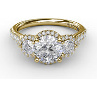 Three-Stone Round Diamond Halo Engagement Ring Setting with Pavé Band by Fana - 0.77 Carat Total Diamond Weight