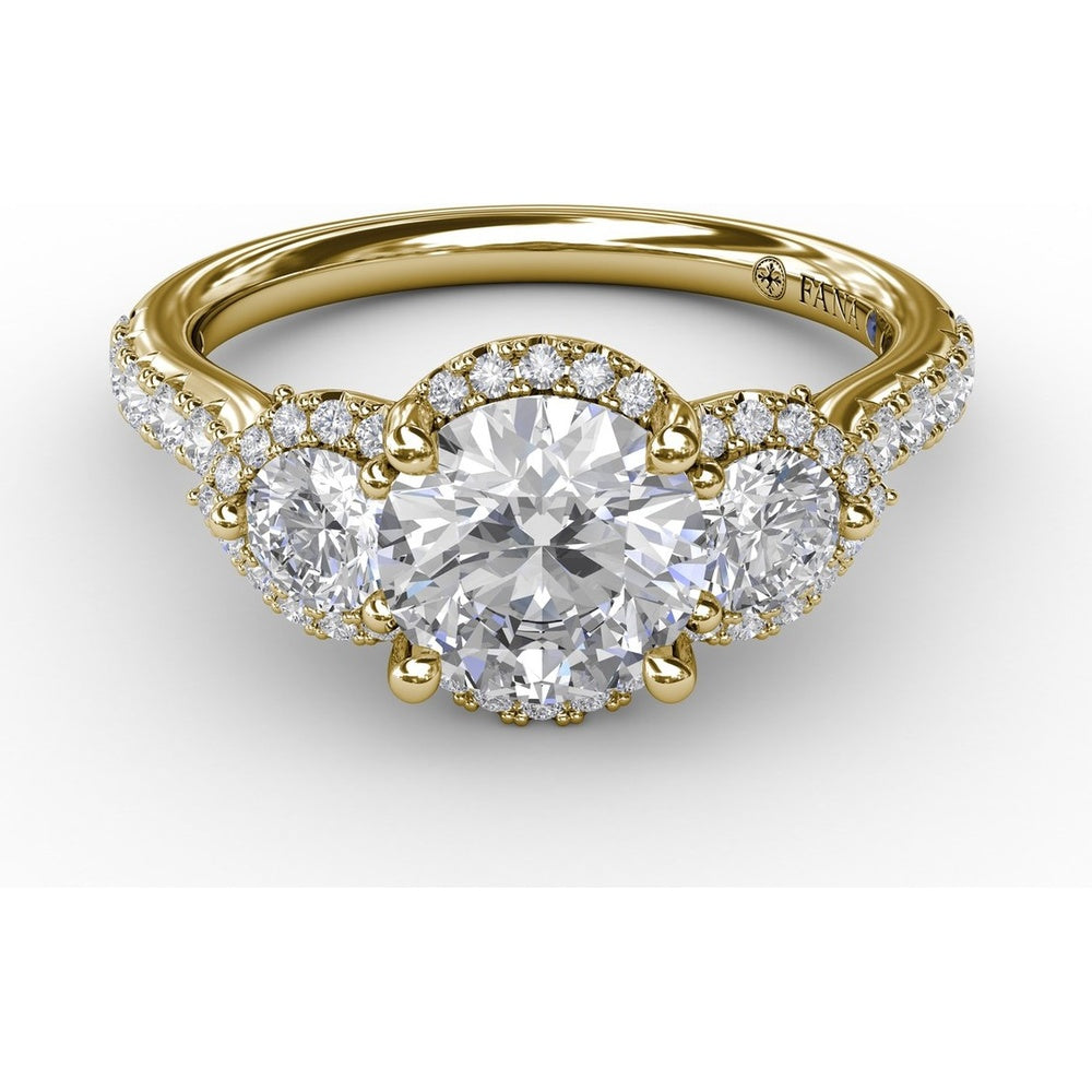 Three-Stone Round Diamond Halo Engagement Ring Setting with Pavé Band by Fana - 0.77 Carat Total Diamond Weight
