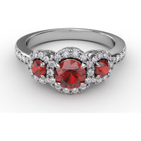 Three Stone Round Ruby Ring with Pavé Diamond Halos by Fana - 1.36 Carat Total Gemstone Weight