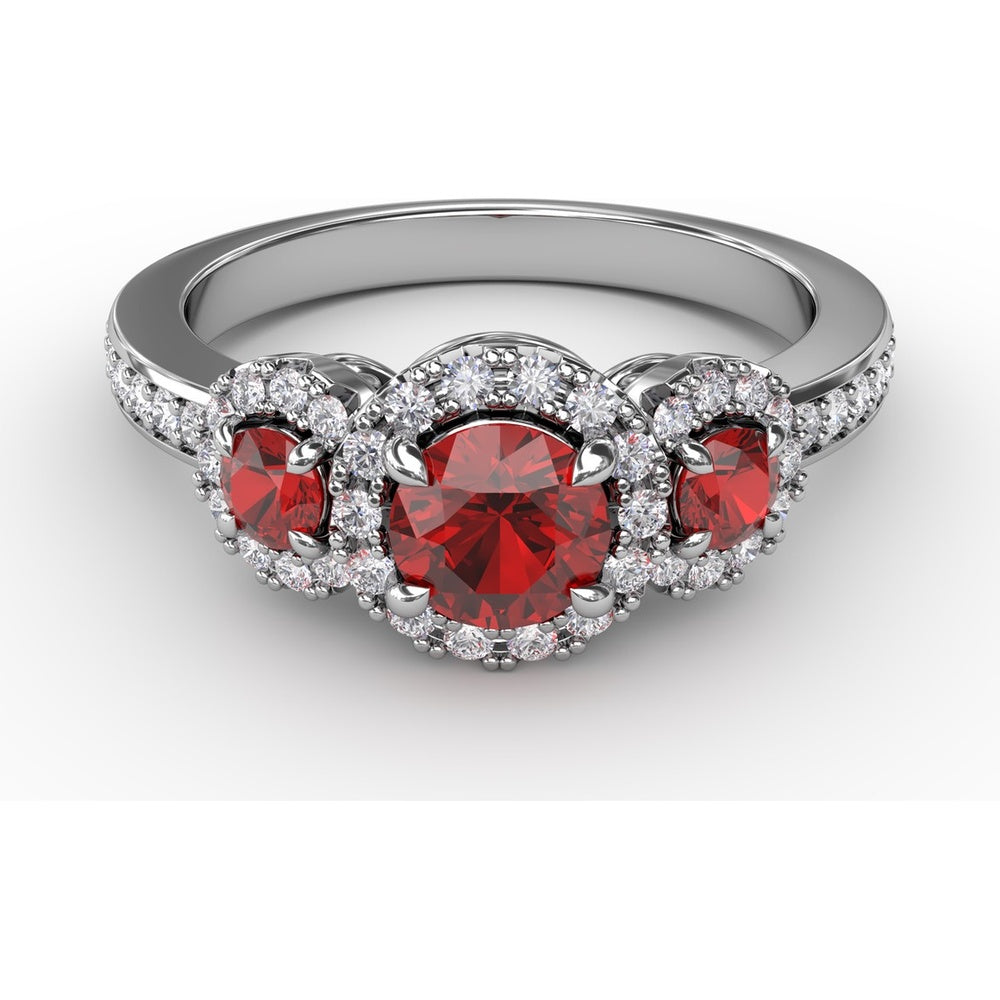 Three Stone Round Ruby Ring with Pavé Diamond Halos by Fana - 1.36 Carat Total Gemstone Weight