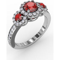 Three Stone Round Ruby Ring with Pavé Diamond Halos by Fana - 1.36 Carat Total Gemstone Weight