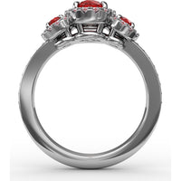 Three Stone Round Ruby Ring with Pavé Diamond Halos by Fana - 1.36 Carat Total Gemstone Weight