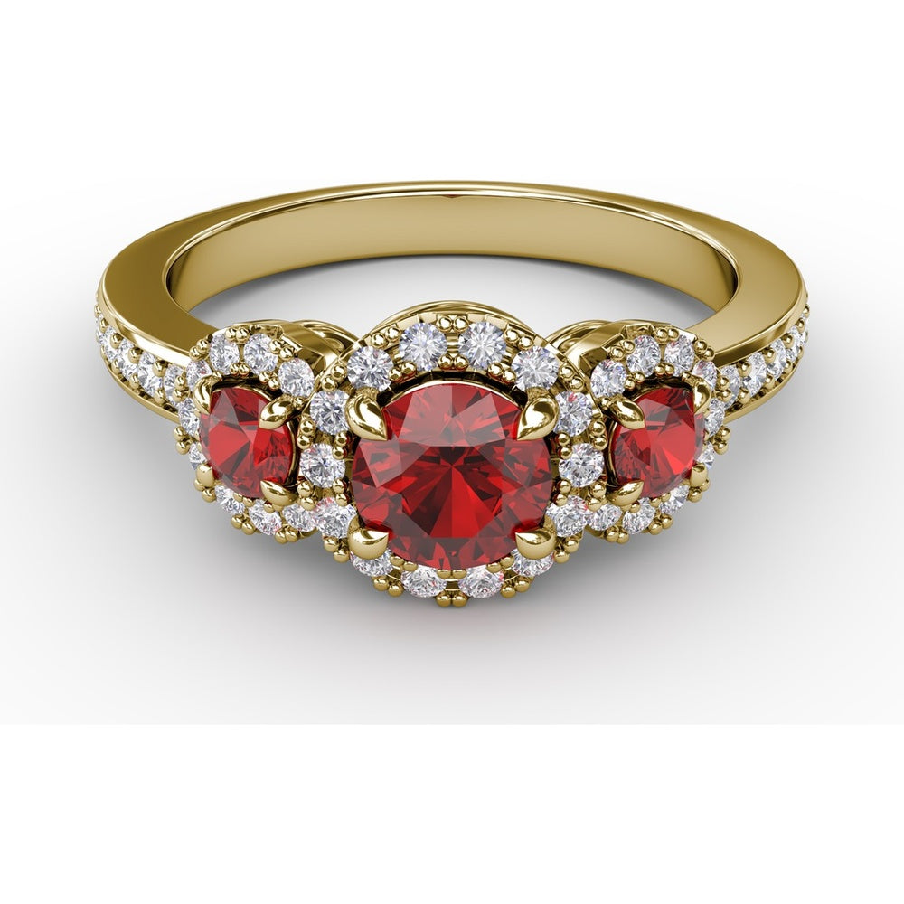 Three Stone Round Ruby Ring with Pavé Diamond Halos by Fana - 1.36 Carat Total Gemstone Weight