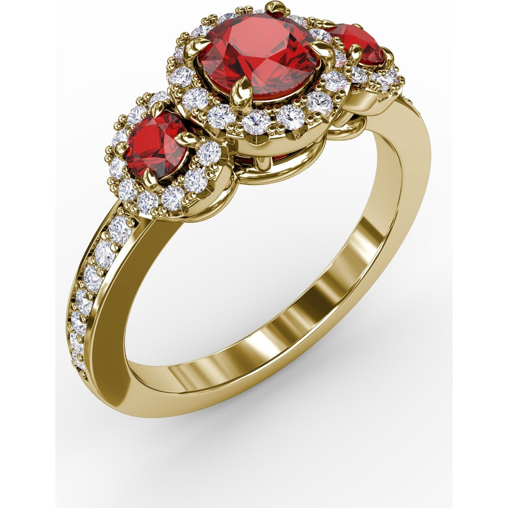 Three Stone Round Ruby Ring with Pavé Diamond Halos by Fana - 1.36 Carat Total Gemstone Weight