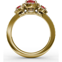Three Stone Round Ruby Ring with Pavé Diamond Halos by Fana - 1.36 Carat Total Gemstone Weight