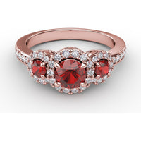 Three Stone Round Ruby Ring with Pavé Diamond Halos by Fana - 1.36 Carat Total Gemstone Weight