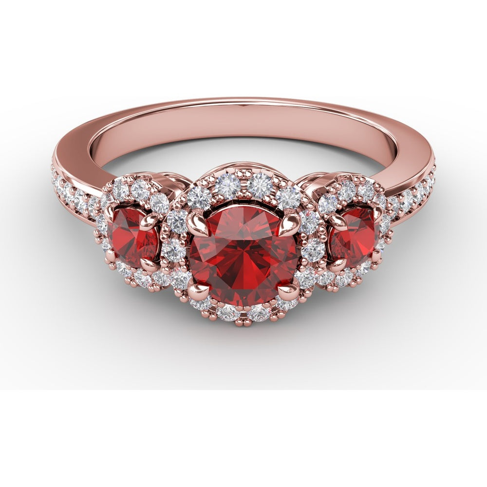Three Stone Round Ruby Ring with Pavé Diamond Halos by Fana - 1.36 Carat Total Gemstone Weight