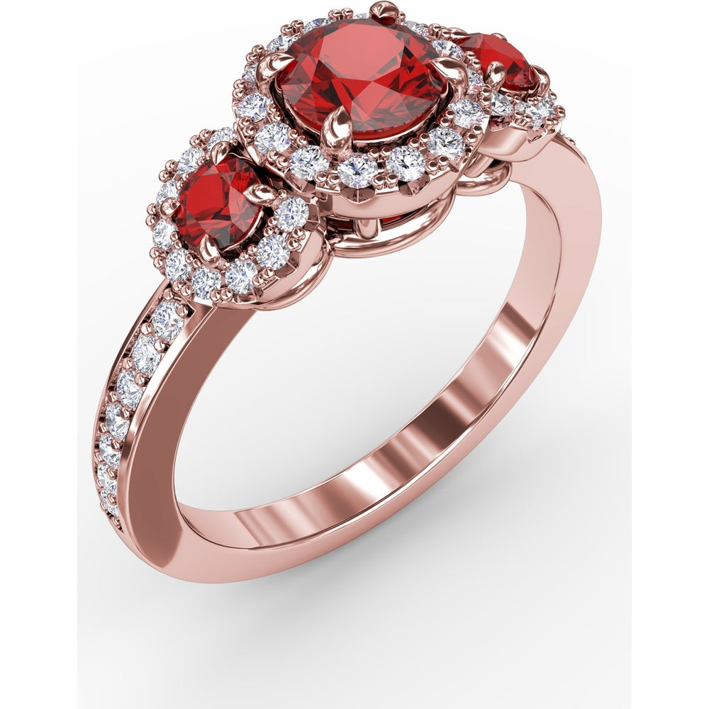 Three Stone Round Ruby Ring with Pavé Diamond Halos by Fana - 1.36 Carat Total Gemstone Weight