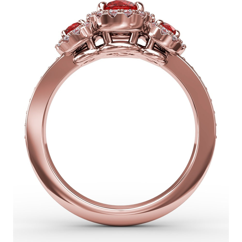 Three Stone Round Ruby Ring with Pavé Diamond Halos by Fana - 1.36 Carat Total Gemstone Weight